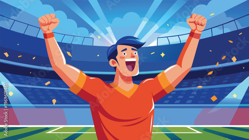 Cheering fan celebrates the victory at a football match in a stadium during daylight hours