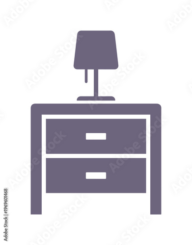 Minimalist bedside table icon with lamp, modern nightstand with drawers vector illustration, purple bedroom furniture silhouette EPS