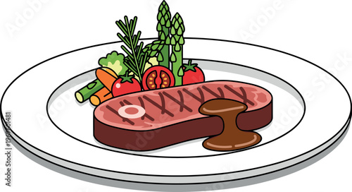 Grilled steak dish vector illustration with vegetables and sauce, gourmet food plate design for restaurant menu and culinary branding