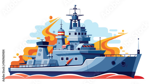 War ship sails through water during a naval battle with smoke and fire in the background