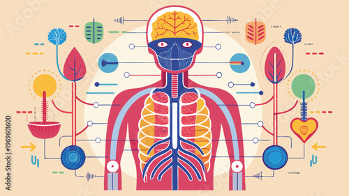 Diagram shows human anatomy with key organs and systems highlighted in bright colors and surrounded by nature elements
