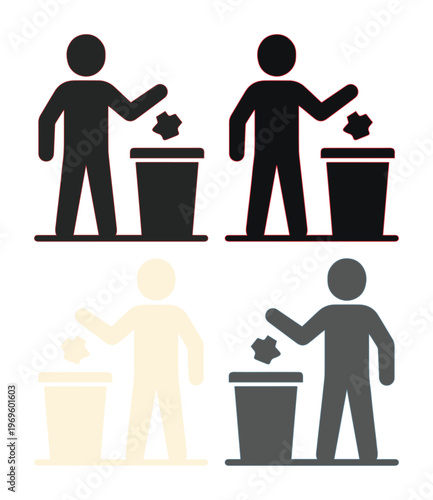 Minimalist trash icon set, person throwing garbage in bin vector, black and white littering symbols, 4 disposal icons in EPS format