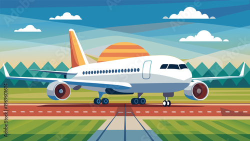 Airplane on runway during sunset with trees and clouds in the background