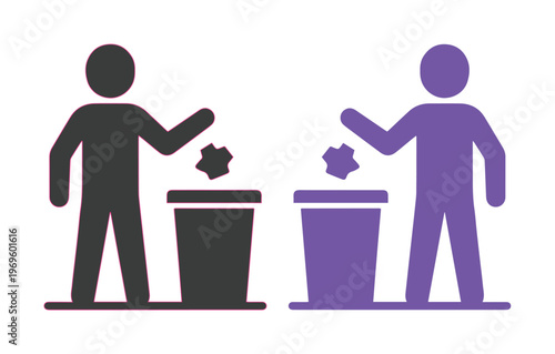 Minimalist trash disposal icons, person throwing garbage in bin silhouettes, black and purple recycling symbols for environmental signage