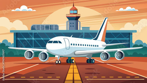 Aircraft is parked at an airport near a control tower during sunset with clouds in the background