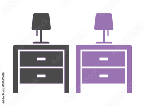 Minimalist bedside table icons with lamp, modern nightstand vector set in black and purple, bedroom furniture silhouettes for interior design