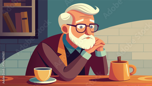 Older man sits alone in a coffee shop while looking thoughtfully at a hot drink on the table during daytime