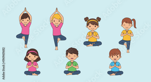Group of diverse children practicing various yoga and meditation poses like the tree pose and lotus position.
