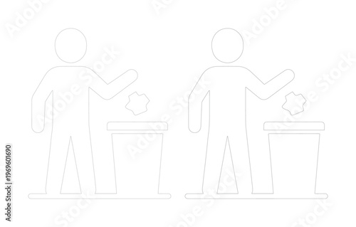 Minimalist outline trash bin icon set, person throwing garbage in waste basket vector, clean disposal and recycling symbols