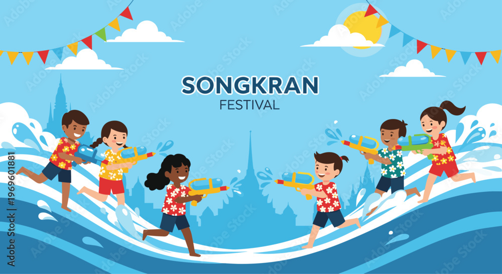 Fototapeta premium Diverse group of happy children running and playing with water guns during a celebratory songkran festival with water splashes and temples.