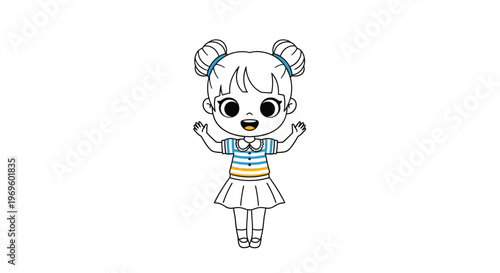 Cute cartoon girl with pigtail buns wearing a striped shirt and skirt waving her hands in a cheerful and friendly manner for kids.