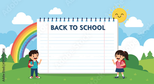 Young boy and girl students with backpacks standing in front of a giant notepad page under a sun and rainbow for back to school theme.
