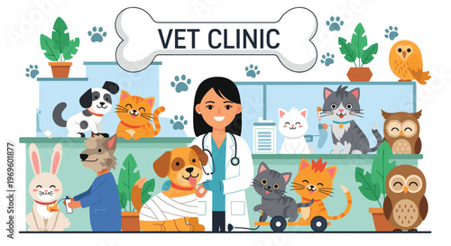Caring female veterinarian surrounded by various pets and animals like dogs, cats, and owls in a modern and friendly vet clinic setting.