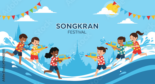Diverse group of happy children running and playing with water guns during a celebratory songkran festival with water splashes and temples.