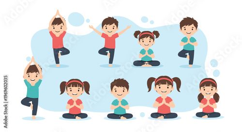 Collection of cute children characters practicing various yoga poses and meditation techniques for physical and mental health wellness.
