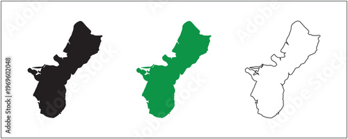 Guam Map Silhouette Solid Black Outline and Satellite Style Vector Isolated on White Background