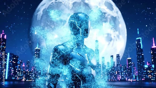 A futuristic humanoid robot stands against a vibrant cityscape under a large moon