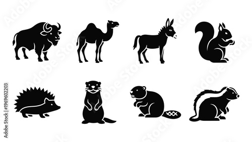 A collection of eight animal silhouettes including a bison camel donkey squirrel hedgehog otter beaver and chipmunk silhouette high quality professional