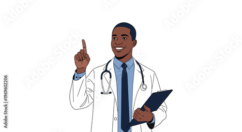Friendly male black doctor smiling and pointing his finger upwards as if giving advice or presenting a medical fact with a clipboard.