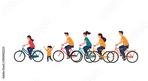 Happy family with parents and children riding bicycles together in a line as a healthy and fun outdoor recreational activity for all.