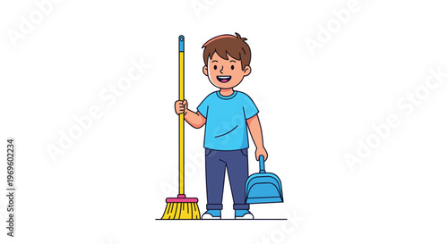 Hardworking young boy holding a broom and a dustpan ready to help with cleaning chores or housework in a friendly and helpful way.