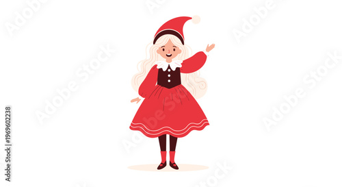 Adorable young girl dressed in a festive red christmas dress and elf hat waving her hand to spread holiday joy and seasonal greetings.