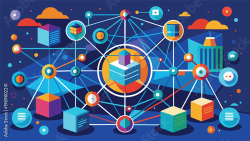Network connections and data flow represented in a colorful digital graphic with shapes and lines linking various elements