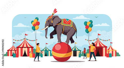 Majestic circus elephant performing a balance act on a large red ball in front of colorful circus tents and balloons under a blue sky.