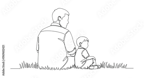 Father and child line illustration sitting together on grass representing family bonding parenting love and emotional connection concept