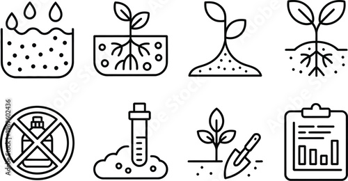 Soil Protection Line Icons Vector Set, Erosion Control, Mulch Layer, Compost Soil, Root Structure, No Pesticide Sign, Soil Testing, Shovel and Plant Symbols, Sustainable Agriculture Illustration