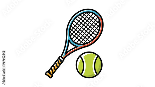 Sport themed illustration of a tennis racket and a yellow tennis ball with colorful accents for athletic and competition related designs.