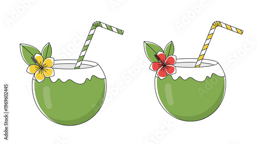 Two refreshing coconut cocktails with straws and hibiscus flowers for a tropical beach vacation and summer party theme illustration.