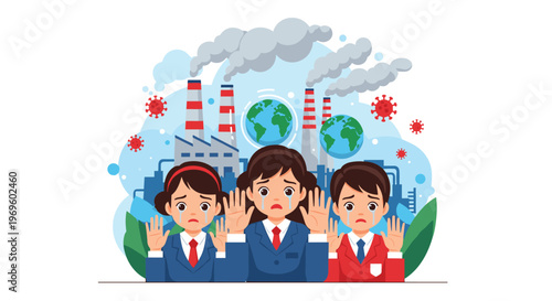Sad and crying children standing in front of air polluting factories and virus symbols as a statement on environmental health hazards.