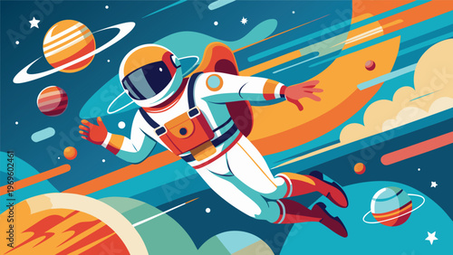 Astronaut floating in outer space with planets and colorful cosmic elements