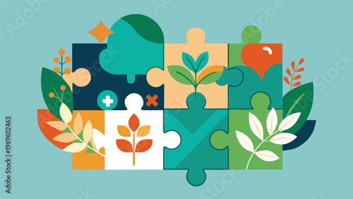 Puzzle pieces showing various shapes and colors with plants on a light blue background placed at the center of the design during daytime