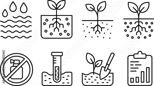 Soil Protection Line Icons Vector Set, Erosion Control, Mulch Layer, Compost Soil, Root Structure, No Pesticide Sign, Soil Testing, Shovel and Plant Symbols, Sustainable Agriculture Illustration