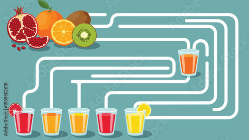 Interactive maze puzzle for children connecting various fresh fruits like pomegranates and kiwis to their corresponding glasses of colorful juice.