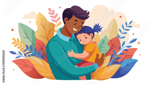 Father hugs daughter in colorful garden during bright daytime; they enjoy each other’s company surrounded by leaves and plants