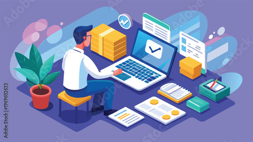 Person works on a laptop in a home office setup with boxes and papers around them in the afternoon