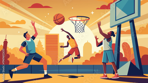 Basketball players compete during a sunset at an outdoor court in the city