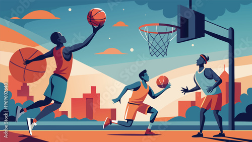 Three players are playing basketball on an outdoor court during the day in a city landscape with buildings and clouds