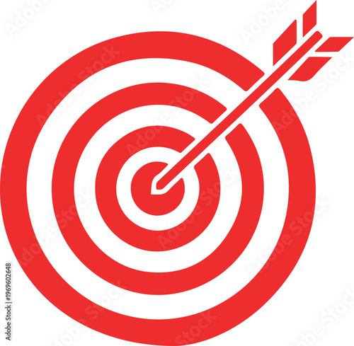 Red dart piercing center of concentric white and red target circle on plain background