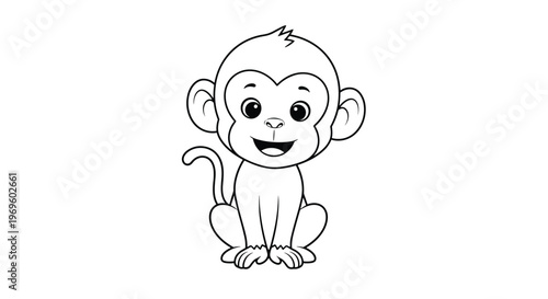 Cute cartoon monkey character sitting and smiling in simple black and white line art style for kids coloring book or educational material.