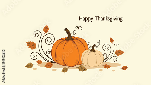 Beautiful Thanksgiving illustration featuring a large orange pumpkin and a smaller white one surrounded by autumn leaves and swirling vines.
