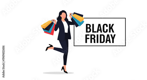 Joyful young woman jumping with many colorful shopping bags celebrating seasonal discounts and big sales during a Black Friday event.