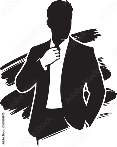 Silhouette of businessman adjusting tie in black and white minimalist style