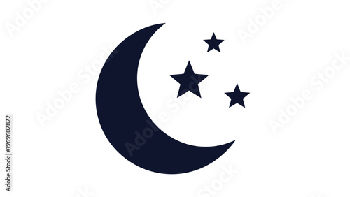 Simple black icon of a crescent moon accompanied by three stars representing the night sky or sleep in a clean minimalist style.