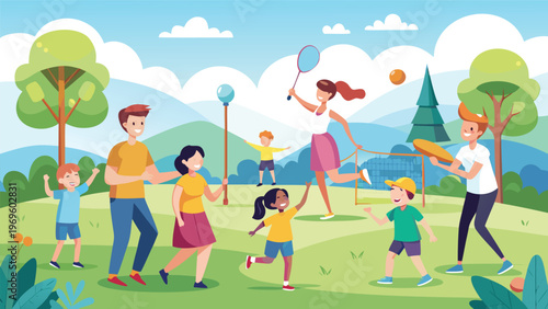 Group of people having fun in a park while playing various outdoor games on a sunny day