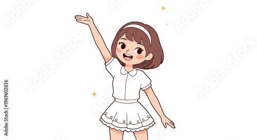 Cheerful young girl with short brown hair wearing a white dress and headband waving her hand with sparkles around her in anime art style.