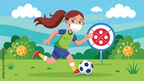 Young girl plays soccer while wearing a mask in a park during a sunny day